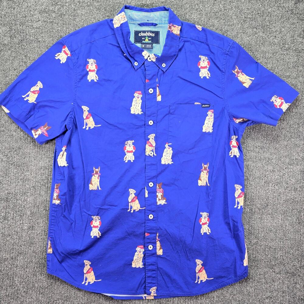 Chubbies Shirt Mens Medium Blue Dog Print Button Down Short Sleeve Stretch Beach